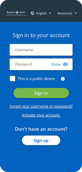 mybaystate patient portal app login screen